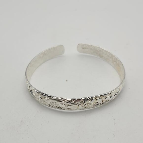 Marked 999 Fine Silver Floral Engraved Adjustable Open Cuff Bangle Bracelet - Picture 2 of 10
